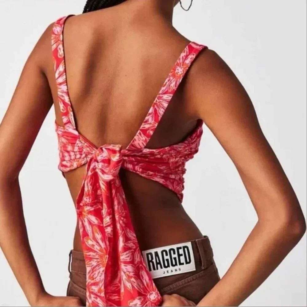 NWT Free People Red Floral Square Neck Wide Strap Cropped Tank Top